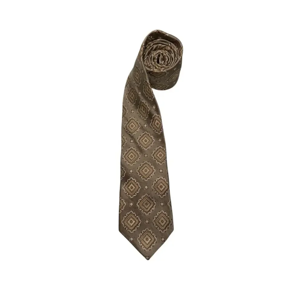 Bruno Piattelli Roma Vintage Tan Brown Textured Geo Print Silk Necktie Tie